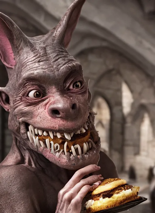 Image similar to closeup profile face portrait of a medieval goblin eating cakes in the cloisters, depth of field, zeiss lens, detailed, symmetrical, centered, fashion photoshoot, by by hyung tae, frank frazetta, bosch, giger, breathtaking, 8 k resolution, extremely detailed, beautiful, establishing shot, artistic, hyperrealistic, beautiful face, octane render