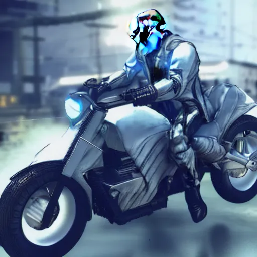 Image similar to Walter White riding a motorcycle in metal gear rising, HDR, 8k, trending on artstation