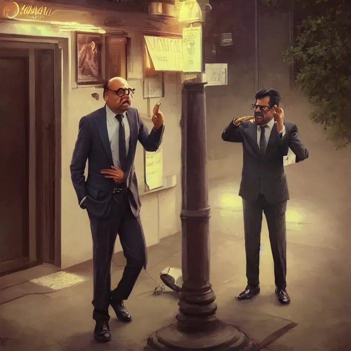 Image similar to portrait of tall indian man in a suit arguing with danny devito outside a bar, elegant, real life skin, intricate artwork, high detailed, artstation, concept art, smooth, sharp focus, art by artgerm and greg rutkowski