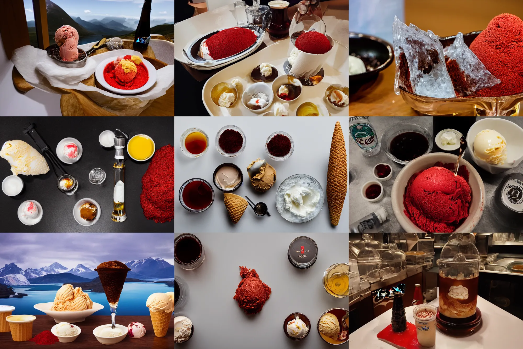 Prompt: a large island of red caviar and ice cream in the center of which there are mountains with ice cream ( five scoops ice cream cone original oil by suekill ), instead water coca cola ( barley tea - boricha or mugicha, salt lakritssglass med bjornbar 2, brown water, cold brew coffee ), no restaurant