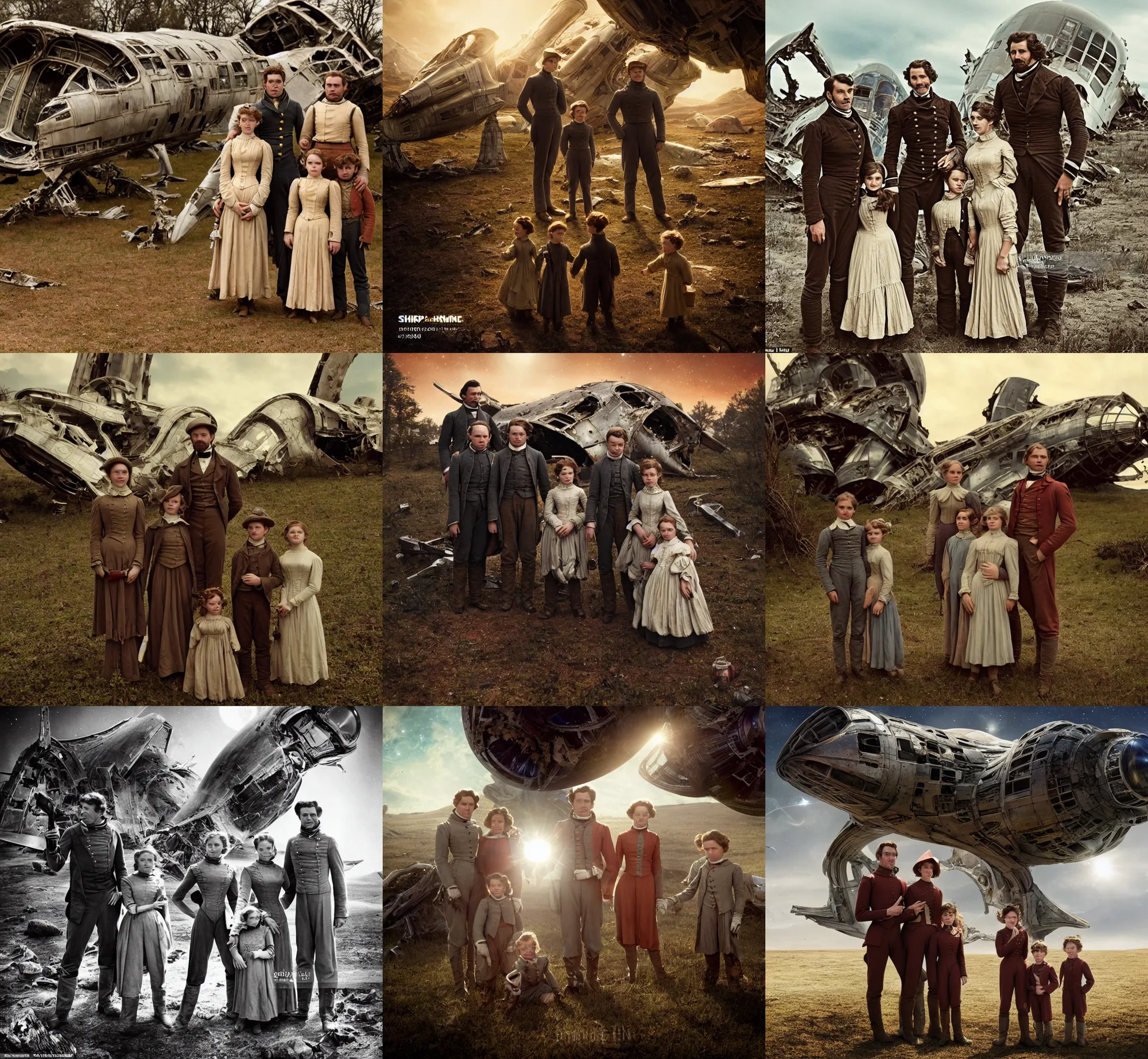 Prompt: sharp, highly detailed, film from a blockbuster sci fi 4 k color movie, set in 1 8 6 0, family standing in front of a crashed spaceship, on a alien planet, looking happy, wearing 1 8 5 0 s era clothes, atmospheric lighting, in focus, reflective eyes, 3 5 mm macro lens, live action, nice composition, good photography, clear faces