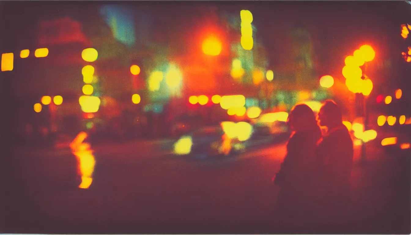 Prompt: colorful instant photograph of a beautiful couple in a city at night, polaroid, light leak, raw, nostalgic