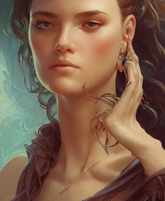 Image similar to portrait close up of woman, concentrated look, symmetry, d & d, fantasy, intricate, elegant, highly detailed, digital painting, artstation, concept art, art by artgerm and greg rutkowski and alphonse mucha, boris vallejo