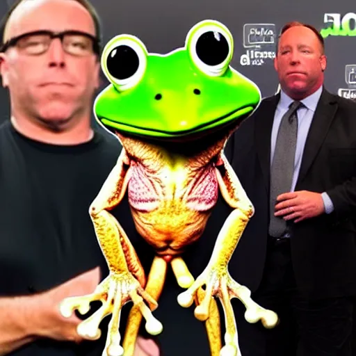 Image similar to Alex Jones standing with frog legs instead of human legs, long human body with frog feet and frog legs and human face, human torso with frog legs