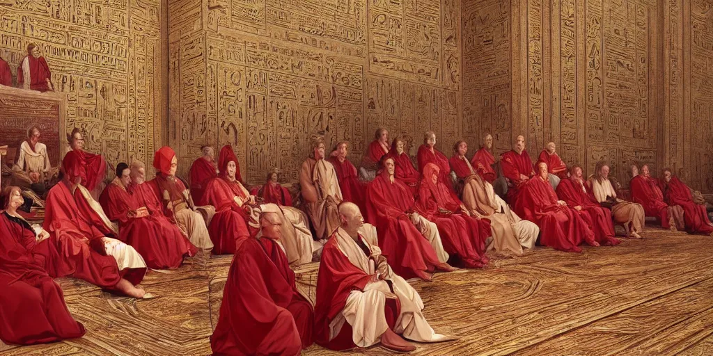 Image similar to beautiful oil matte portrait painting, ancient senators in red and white robes sit in tribunes, egyptian mosaic background, highly detailed, beautiful cinematic light deep focus, elegant, digital painting, smooth, sharp focus, golden ratio, dramatic illumination, art by aleksi briclot, rutkowski and caravaggio