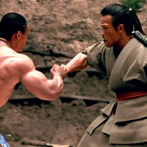 Prompt: Samurai John Cena vs samurai the rock, fight scene , a duel , film still
