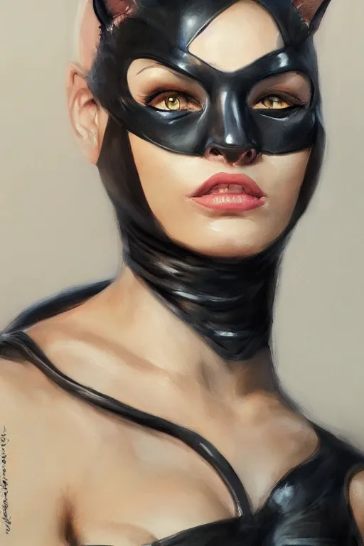 Prompt: portrait of a Catwoman by Mandy Jurgens and Richard Schmid, trending on artstation