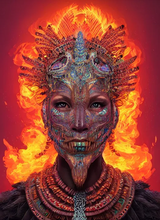 Image similar to a wlop 3 d portrait of a goddess, 8 k micro details beautiful intricate highly detailed quetzalcoatl skull and feathers. fire, galaxy, artwork by tooth wu and wlop and beeple and greg rutkowski, trending on artstation,