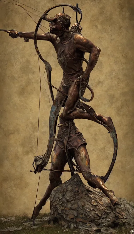 Prompt: An epic fantastic realism comic book style painting of a distressed bronze archery sculpture from the future by Stanislaw Szukalski, beautiful colorful flowers rain down, gilded marbled paper background, archer, fisheye lens, unreal 5, DAZ, hyperrealistic, octane render, dynamic lighting