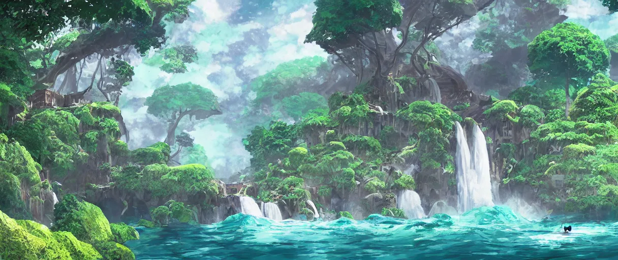 Image similar to a small crumbling island with waterfalls flowing off the island, floating in space, studio ghibli, digital art, detailed, depth of field