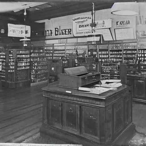 Prompt: the inside of a 1 9 2 8 grocery store with a national cash register from 1 9 0 4 on the desk. hyper - realistic, realistic photo