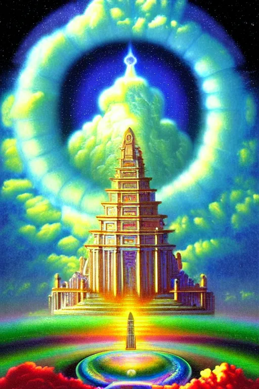 Prompt: a photorealistic detailed cinematic image of a beautiful vibrant iridescent future, human evolution, spiritual science, divinity, utopian, beautiful being, enlightenment, intelligent design, oracle, mind, ornate cumulus clouds, ornate spiral stairs, isometric, by david a. hardy, kinkade, lisa frank, wpa, public works mural, socialist