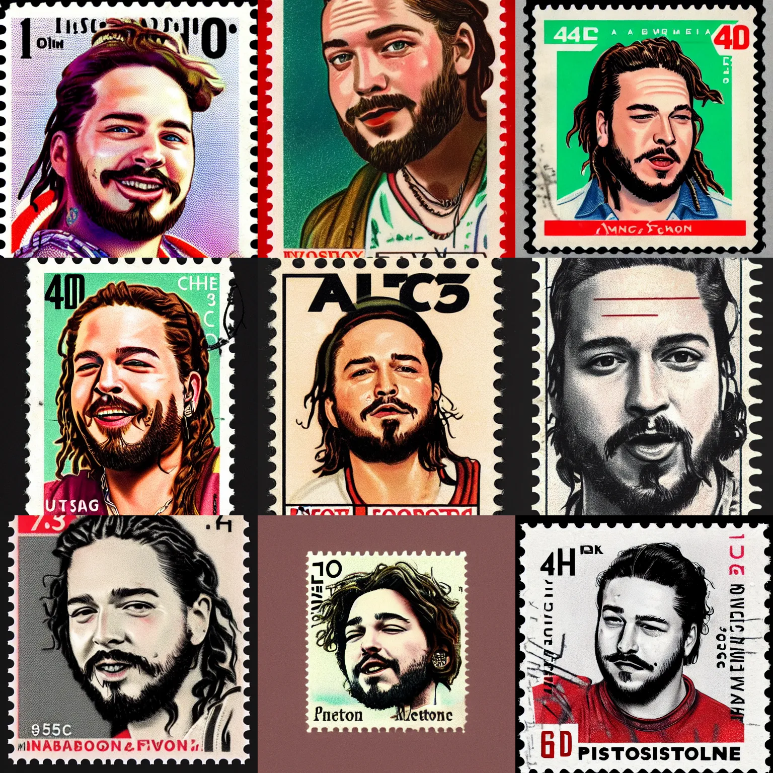 Prompt: a closeup photorealistic illustration of post malone on a vintage 1 9 5 0 s american postage stamp. fine detail. this 4 k hd image is trending on artstation, featured on behance, well - rendered, extra crisp, features intricate detail, epic composition and the style of unreal engine.