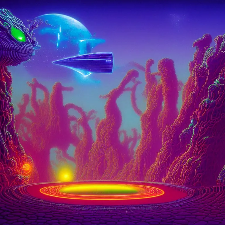 Image similar to strange mysterious creatures, infinite quantum portal, synthwave, bright neon colors, highly detailed, cinematic, panoramic, tim white, michael whelan, roger dean, bob eggleton, chris foss, vladimir kush, kubrick, kimura, isono