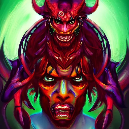 Image similar to self portrait of an ascended demon, colorful, sultry, artstation