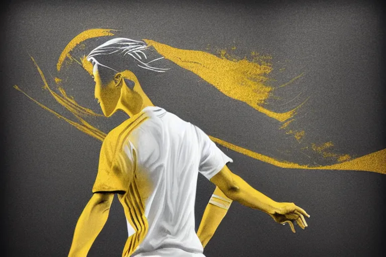 Prompt: beautiful serene soccer player, healing through motion, minimalistic golden ink airbrush painting on white background
