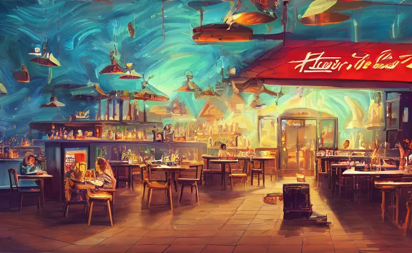 Prompt: a hyper creative and vivid painting of the restaurant at the end of the universe. trending on artstation