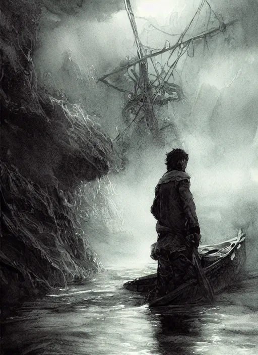 Prompt: portrait, The boatman on the river Styx, watercolor, dramatic lighting, cinematic, establishing shot, extremely high detail, foto realistic, cinematic lighting, pen and ink, intricate line drawings, by Yoshitaka Amano, Ruan Jia, Kentaro Miura, Artgerm, post processed, concept art, artstation, matte painting, style by eddie mendoza, raphael lacoste, alex ross