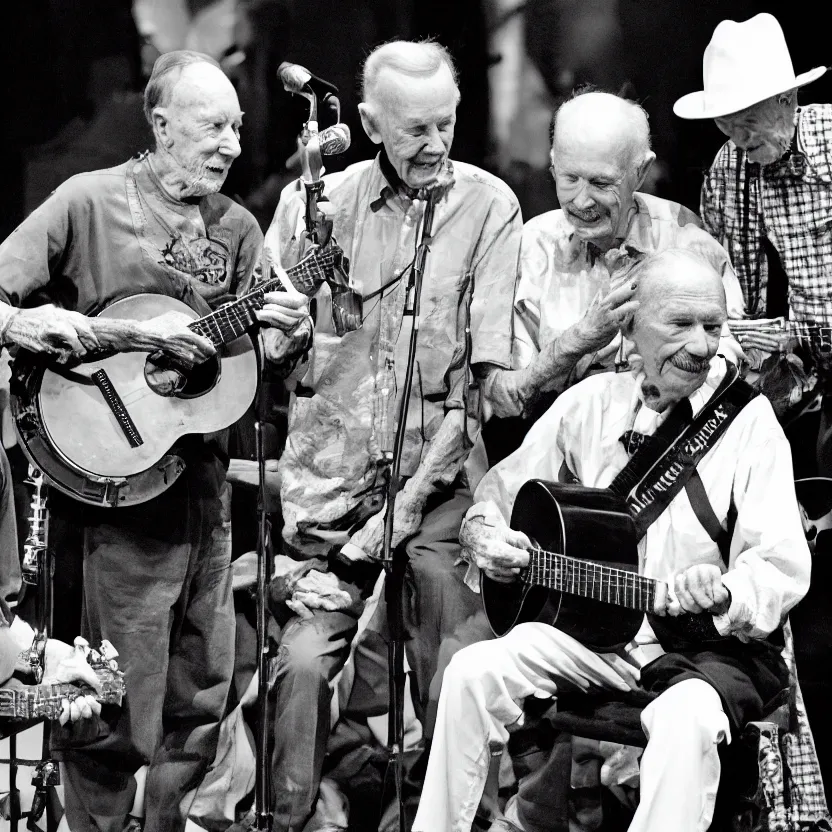 Prompt: black and white photo of 9 0 year old pete seeger playing a banjo and singing with lil nas x who is also playing a banjo - award winning