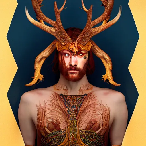 Image similar to Dramatic portraiture of Uuen, the Pictish god of stags, mixed media, trending on ArtStation, by Jim Valentino and ArtGerm and Lucian Freud, luminism