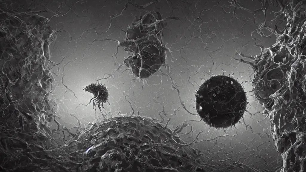 Image similar to a beautiful microscopic scientific photo of a coronavirus and a strange life form seen through an electron microscope, dark, sinister, detailed, art by Greg Rutkowski