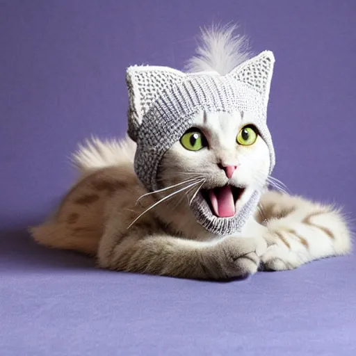 Prompt: cat photo, wearing wool hat, tongue mlem, cat ears