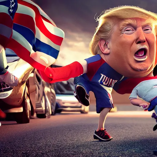 Image similar to trump chasing a child, octane render, highly detailed, hyper realistic.