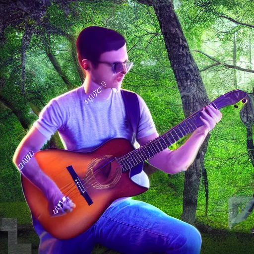 Prompt: Highly detailed picture of 3D male playing guitar within Forest 8k