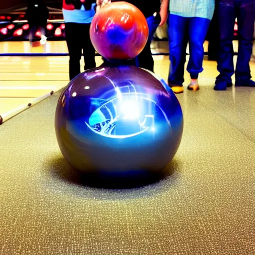 Prompt: a highly reflective bowling ball showing the alien taking the photo