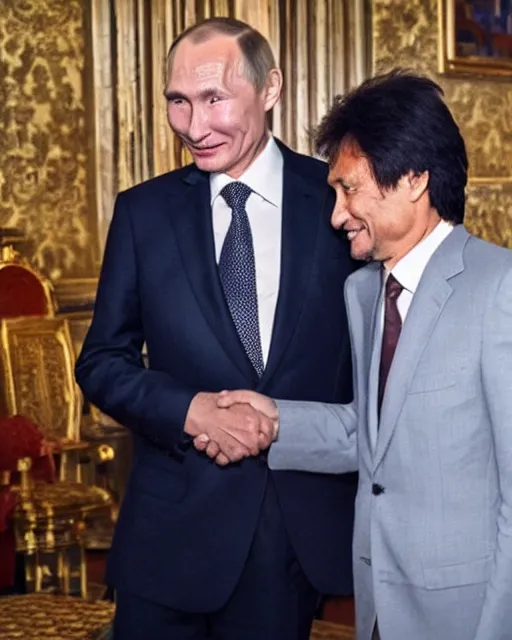 Image similar to sixty years old viktor tsoi with joyful look in a business suit shaking hands with vladimir putin in kremlin, mscow, color photo, mid shot photo, digital photo, 4 k