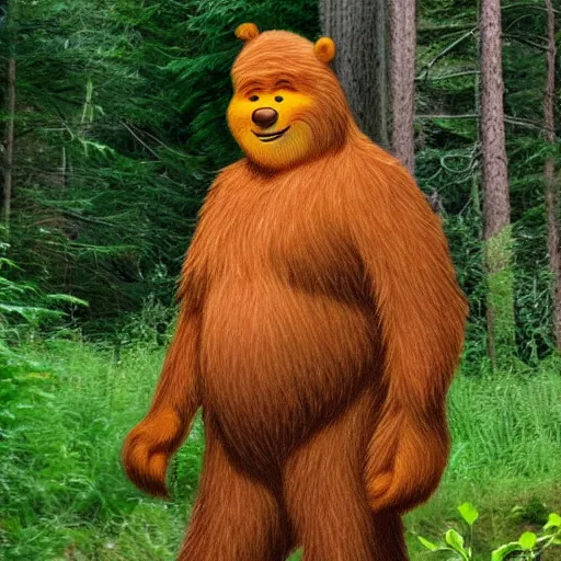 Prompt: photo of bigfoot sasquatch that looks like Winnie the Pooh