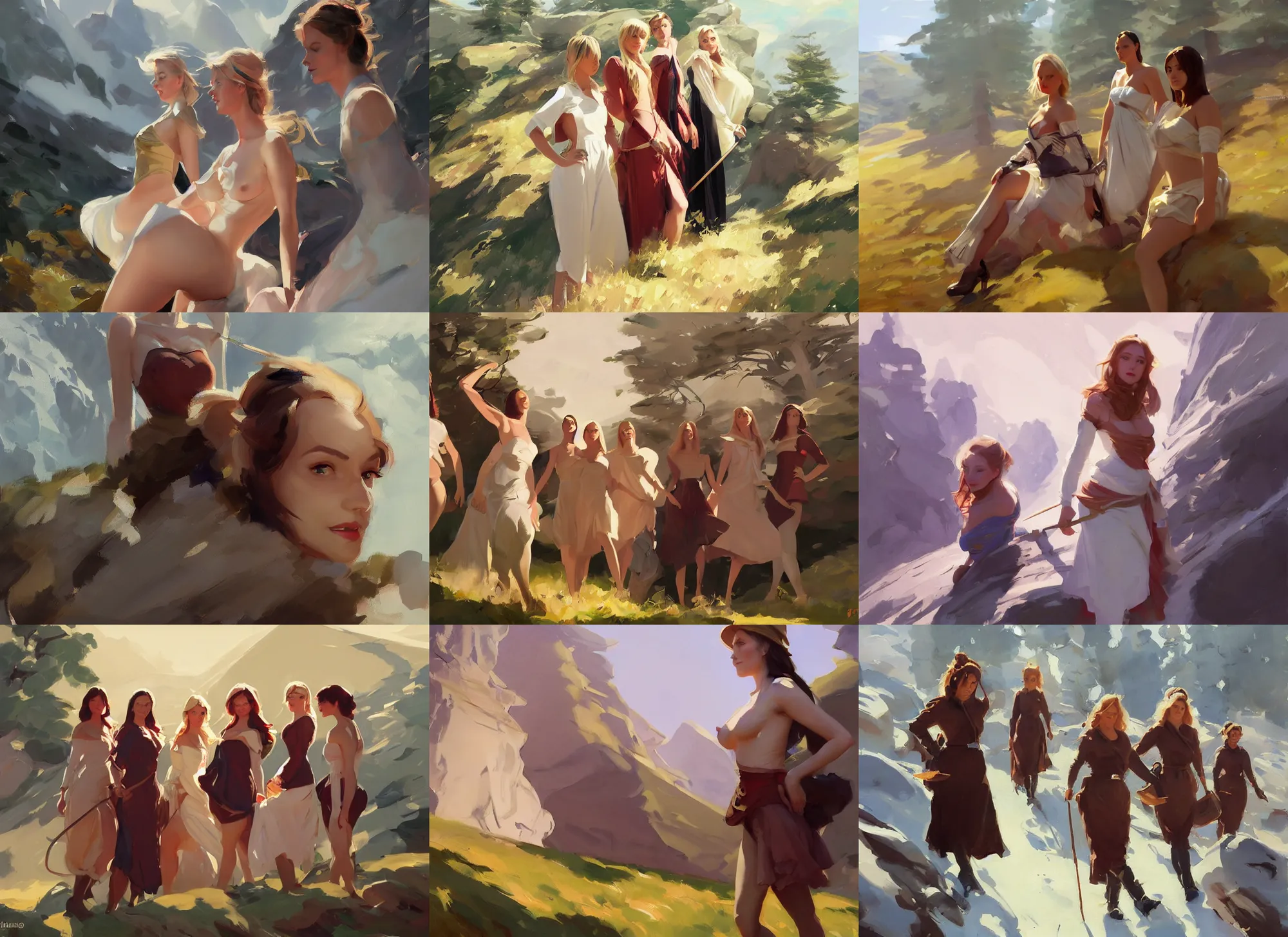 Prompt: five of beautiful finnish norwegian swedish scandinavian attractive glamour models wearing stola walking in the mountains in a sunny day, jodhpurs greg manchess painting by sargent and leyendecker, studio ghibli fantasy close - up shot asymmetrical intricate elegant matte painting illustration hearthstone, by greg rutkowski by greg tocchini by james gilleard