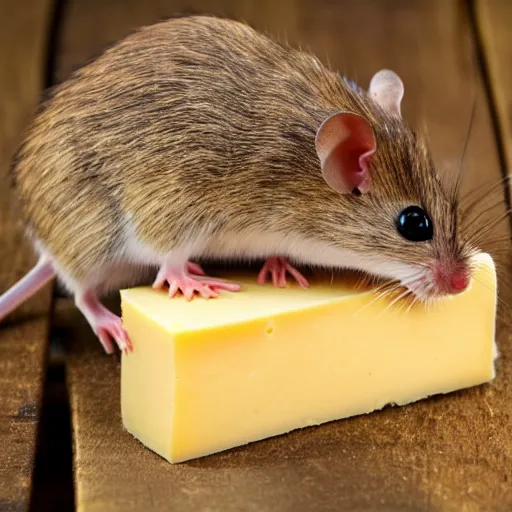 Prompt: a wooden field mouse on a piece of cheese