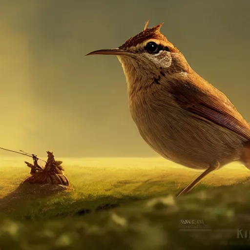 Prompt: closeup of a wren bird in avila, river edge, green fields, summer season, 4 k, midday light, concept art, by wlop, ilya kuvshinov, artgerm, krenz cushart, greg rutkowski, pixiv. cinematic dramatic atmosphere, sharp focus, volumetric lighting, cinematic lighting, studio quality