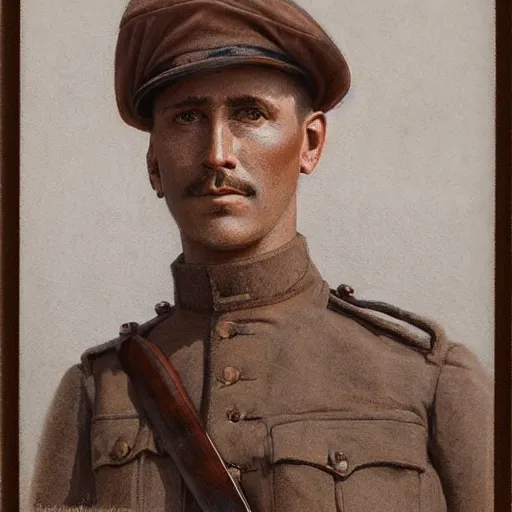 Image similar to a detailed photorealistic sepia - toned color portrait painting of a 1 9 1 7 worried clean - shaven british lieutenant in detailed field gear wearing a finely - detailed pith helmet in wadi rum, ultra realistic, intricate details, atmospheric, dark, horror, brooding, highly detailed, by clyde caldwell