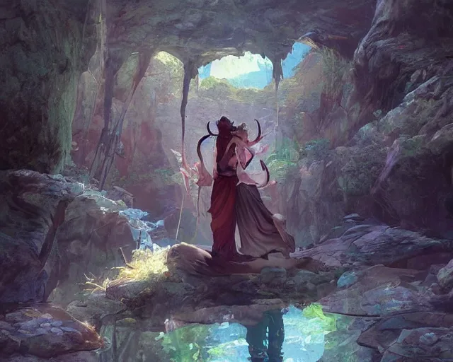 Image similar to a cinematic boy girl traditional romance moment, exploring the caves boho clothing, full body illustration, bestselling movie art poster, official media, 1970s fashion, dynamic lighting official anime media, incredible art by artgerm and greg rutkowski