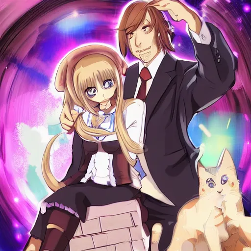 Image similar to Saul Goodman with his anime catgirl wife, trending on Pixiv