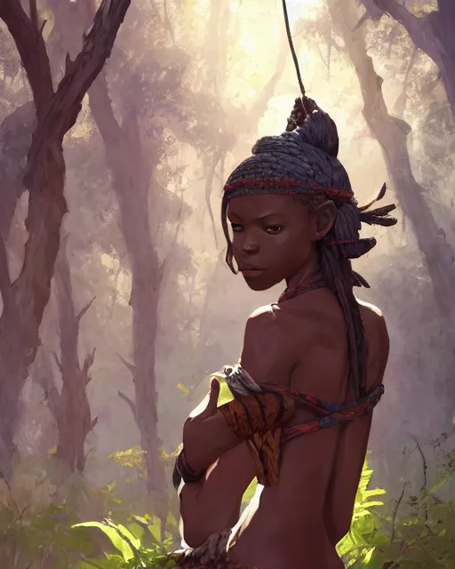 Prompt: an African tribeswoman standing in the woods. By Makoto Shinkai, Stanley Artgerm Lau, WLOP, Rossdraws, James Jean, Andrei Riabovitchev, Marc Simonetti, krenz cushart, Sakimichan, D&D trending on ArtStation, digital art.