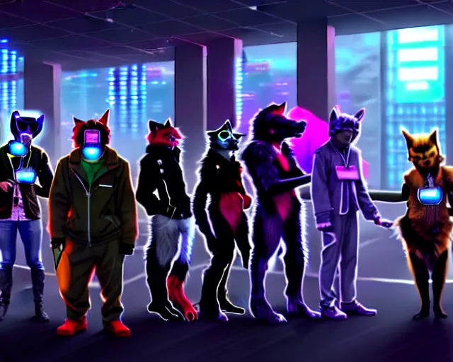 Image similar to high - resolution photograph from a cyberpunk era furry fandom convention ( midwest furfest 2 0 4 7 ), taking place after the genetic revolution and quantum singularity. photorealistic.