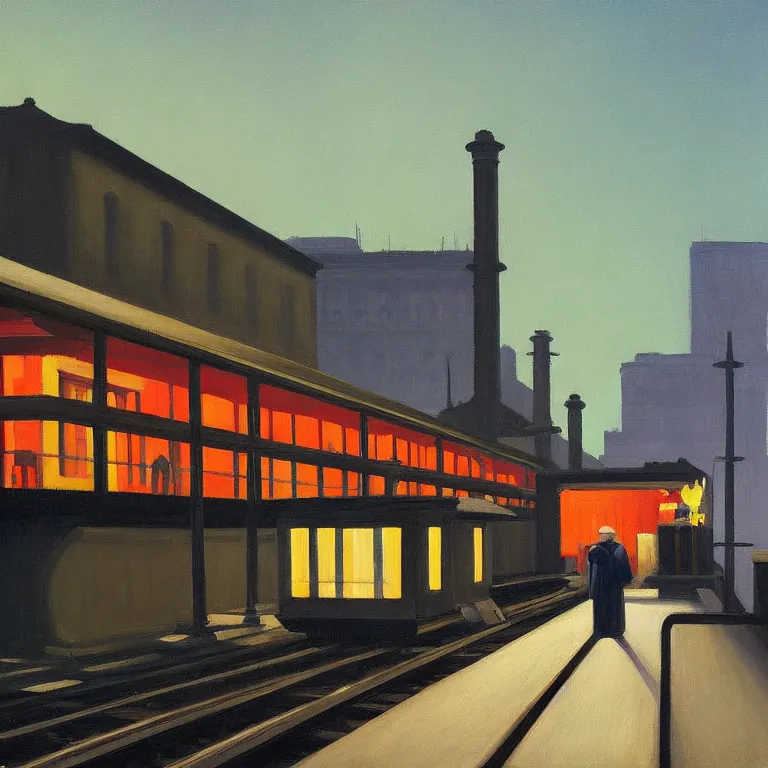 Image similar to dark city raised train platform, painted by Edward Hopper and James Gilleard, oil painting