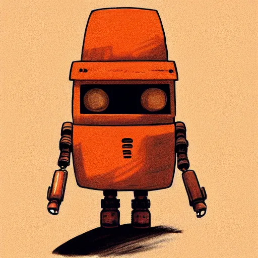 Image similar to a study of cell shaded cartoon of an orange robot monk from howl's moving castle ( 2 0 0 4 ) on a desert road, full body, wide shot, very muted colors, post grunge, studio ghibli, laurie greasley, highly detailed, deviantart, art by artgem