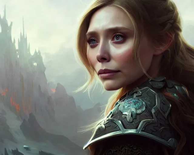 Image similar to a gaming screenshot still portrait of elizabeth olsen in final fantasy, deep focus, d & d, fantasy, intricate, elegant, highly detailed, digital painting, artstation, concept art, matte, sharp focus, illustration, dark fantasy style art, hearthstone, art by artgerm and greg rutkowski and alphonse mucha