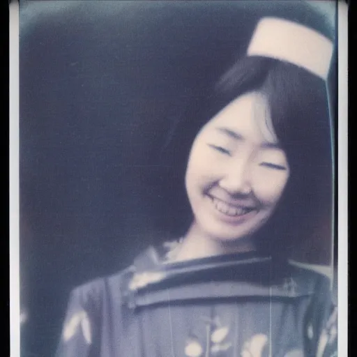 Prompt: 1 9 7 0 s polaroid of a female japanese folk musician gently smiling, hazy, faded
