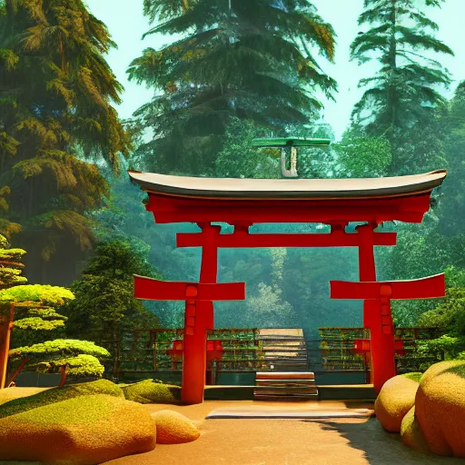 Prompt: an isometric 3 d render of a shinto shrine in the forest, isometric, octane render, unreal engine