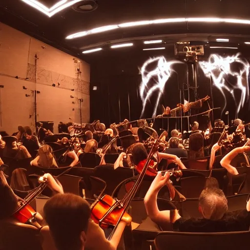 Prompt: 30 arms playing one violin at the theater cinematic stage lighting and a bucket of sound