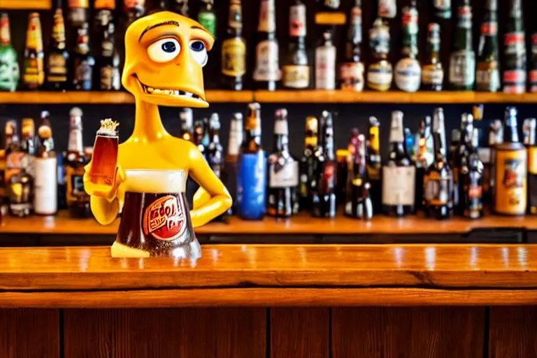 Image similar to a anthropomorphic bottle of beer stands in front of a bar waiting to be served by the bartender, pixar