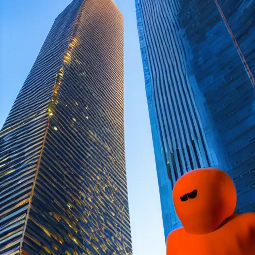 Prompt: photo inside a cave of a skyscraper and a giant orange glowing transparent shadow humanoid of one thousand feet of height