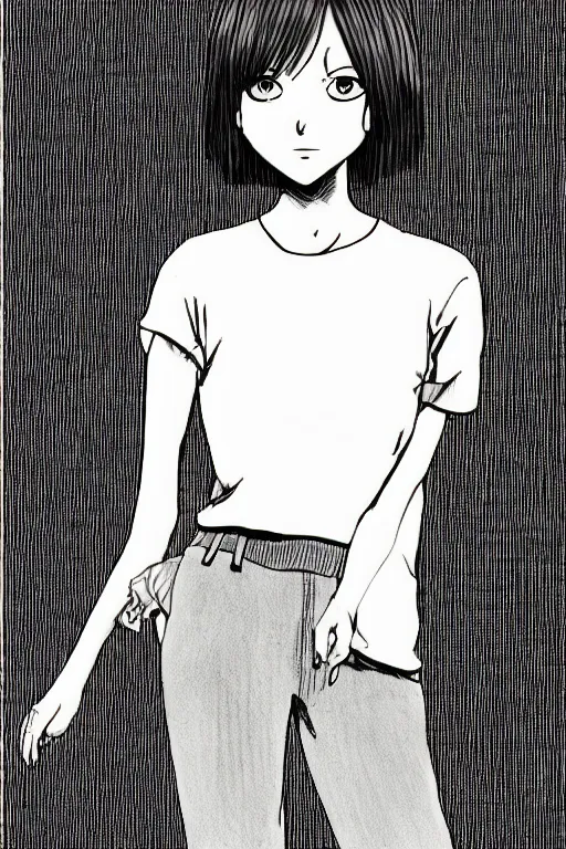 Prompt: portrait of a girl in long pants and a top, hands in pockets, eyes closed, bob haircut, digital art, black and white, clean sketch by junji ito and kaoru mori