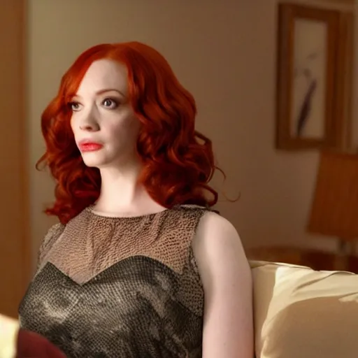 Image similar to a very surprised looking beautiful Christina Hendricks r in the living room, film still from the movie directed by Denis Villeneuve , wide lens