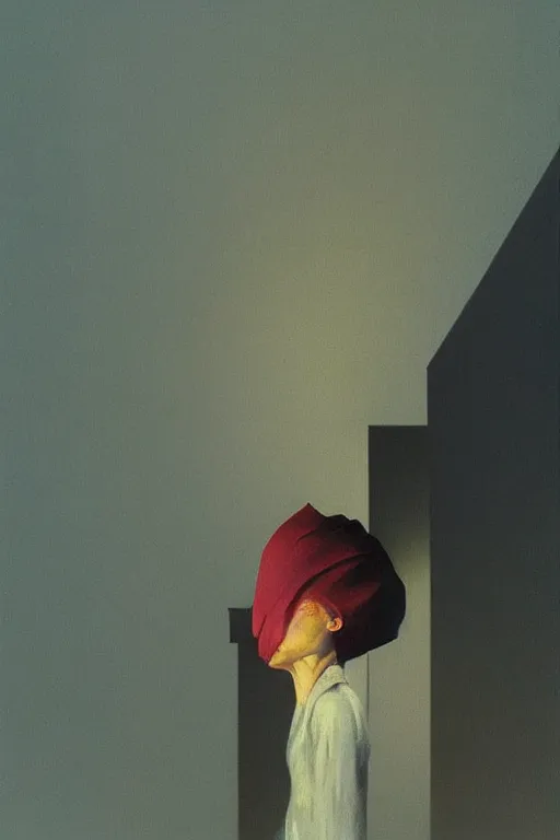 Image similar to a woman wearing a bag through her head Edward Hopper and James Gilleard, Zdzislaw Beksinski highly detailed